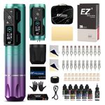 EZ Tattoo Kit - Tattoo Gun Kit with 4.0mm Stroke Wireless Tattoo Machine Pen, 1800mAh Power Supply Battery, 20Pcs Tattoo Cartridge Needles and 11 Color Inks for Tattoo Artists (P2S Pro Purple Blue)