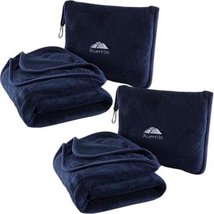 BlueHills Premium Soft 2-Pack Travel Blanket Pillows Airplane Large Plane Flight Throw Travel Blankets for Two in a Bag Compact Traveling Essentials Warm Travel Gifts Long Navy Blue T011