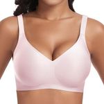 Cavotor Women Seamless Bra Non Wired Push Up Support Bras for Saggy Breasts Wireless T Shirt Soft Comfort Ladies V Neck Padded Bralettes with Extender (Pink,2XL)