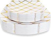 MATANA - 40 Premium Gold Pattern Plastic Dinner & Dessert Party Plates Set, Multi-Use for Weddings, Birthdays, BBQs - 20 x 25cm and 20 x 18cm