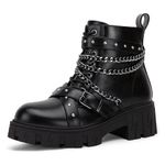 JEOSSY Women's Combat Ankle Boots, Platform Fashion Lace up Motorcycle Chain Booties, 9621CA Black, Size 8.5 US-Inside Zipper(DJY9621CA Black 08.5)