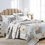 Cozy Line Home Fashions Moorea Floral Gray Yellow Coral Aqua Blue Patchwork Microfiber Reversible Bedding Quilt Set, Coverlet, Bedspread (Fleur-de-lis, Queen - 3 Piece)