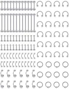 Jstyle 120Pcs Body Jewelry Piercing Lot Stainless Steel Nose Horseshoe Lip Tongue Eyebrow Tragus Body Piercing Navel Belly Ring Barbells 14G-16G, Stainless Steel