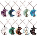 10 Pieces Crystal Necklaces Life Tree Moon Necklace Healing Crystal Stones Necklaces Spiritual Pendants Natural Quartz Jewelry with Exquisite Velvet Bag for Women Girls (Classic Style)