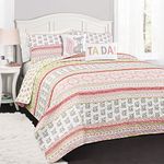 Lush Decor 5 Piece Fox Ruffle Stripe 5 Quilt Set, Full/Queen, Pink and Gray