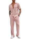 COOFANDY Men's 2 Piece Outfit Casual Short Sleeve Button Down Shirt Beach Summer Loose Pant Sets, Light Pink, Large