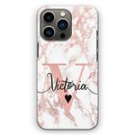 Personalised Initials Hard Phone Case For Apple iPhones, 15, 14,13, 12, 11, Pro Max, Mini, XR, SE Pink White Marble with Heart, Pink Custom Initial and Black Name Marble Case, Hard Phone Cover