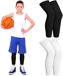 Kids Long Compression Leg Sleeves Non Slip UV Protection Thigh Calf for Boy Girl Youth Basketball Running Sport, Black, White, Medium