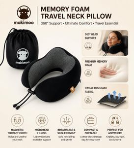 Makimoo Memory Foam Travel Neck Pillow – 360° Support, Black with Bag
