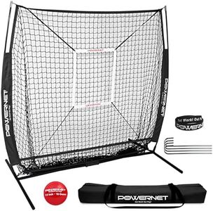 PowerNet 5x5 Practice Net + Strike Zone + Weighted Training Ball Bundle (Black) | Baseball Softball Coaching Aid | Compact Lightweight Ultra Portable | Team Color | Batting Screen