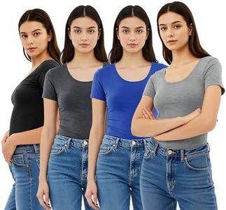 Emmalise Women's Short Sleeve Tshirt Scoop Neck Tee Value Set (4Pk, Bk, HChr, RYL, HGry, 2XL)