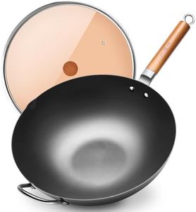 WANGYUANJI Carbon Steel Wok 14.2" Woks,Stir Fry Pans (Free Dish Cloth ) Flat bottom, Chinese Traditional Iron Pot with Detachable Wooden Handle Practical Gift