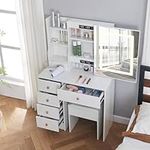 Dressing Table, Makeup Vanity Table with Drawers, Sliding Mirror and LED Lights, 3 Color Modes Makeup Desk with Stool for Bedroom Women