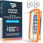 Power Theory compatible with iPhone 15 Pro Max Screen Protector and Camera Lens Protectors Premium Tempered Glass, [Benefits American Cancer Society], Easy Install Kit, Case Friendly, [2+2] Pack