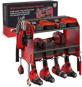 marlimoon Heavy Duty Power Tool Organizer – 4 Drill Holders, Pegboard, Side Racks – Garage Storage Rack for DIYers – Metal Power Tool Shelf, Easy Install – Red