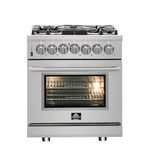 FORNO Lazio Full Gas 30″ Inch Freestanding Range 4.32 Cu.Ft. Convection Oven Stainless Steel & Savona 30" Wall Mount Range Hood & Back Splash 600 CFM, 4 Speeds Kitchen Stove Vent