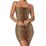 Women Sexy Dress Leopard/Tiger Print Elastic Miniskirt Sleeveless Bodycon Camisole Dress Spaghetti Strap Mini Short Skirt Low Cut Bodysuit Night Party Club Outfit Nightwear