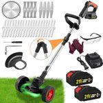 Electric Weed Wacker Battery Powered, Cordless Weed Trimmer 2000mAh 21V, 3 in 1 Lightweight Stringless Weed Wacker Eater with Wheels, Push Grass Trimmer/Lawn Edger/Brush Cutter for Yard and Garden