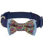 Blueberry Pet Paisley Print Handmade Detachable Bow Tie Dog Collar in Navy Blue, Medium, Neck 37cm-50cm, Adjustable Collars for Dogs