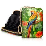 Blusabaca RFID Credit Card Holder Wallets for Women, Small Card Case Wallet with Removable Keychain and Zipper, Leather Card Holder Pocket Business Card Accordion Wallet, Tropical Rainforest Parrot,