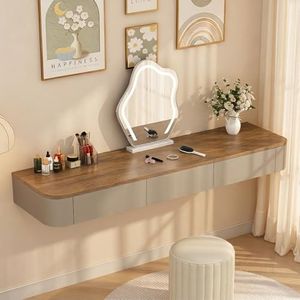 Quvex 63" Extra Wide Fully Assembled Floating Vanity Desk with 3 Drawers, Wall Mounted Makeup Table, Sleek Dressing Table for Bedroom & Dressing Room, Rounded Corners, Oak/Khaki, Table Only