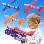 Refasy 3 Pack Airplane Launcher Toys, 2 Flight Mode LED Glider Catapult Plane Toy with Launcher, Kids Gifts for 4-12 Year Old, Boys Girls Glider Plane Outdoor Flying Toys