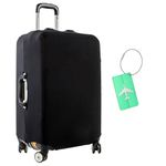 Elastic Suitcase Cover, Protective Travel Luggage Protector, Washable Luggage Cover Fits 22-28 Inch Suitcases, with 1 Luggage Tag, Solid Black, for Air Travel, Cruise, Vacation (Large)