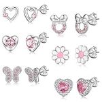 6Pairs 925 Sterling Silver Earrings for Girls Silver Stud Earrings for Women Hypoallergenic Earrings Tiny Heart Ball Sterling Silver Studs Earrings Sets for Teen Kids Toddler Pink Silver