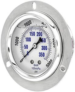 PIC Gauges PRO-204L-254R Panel Mount Front Flanged Glycerin Filled Industrial Pressure Gauge w/ SS Case, Brass Internals, Plastic Lens, 2.5" Dial, 0/5000 psi Range, 1/4" Male NPT