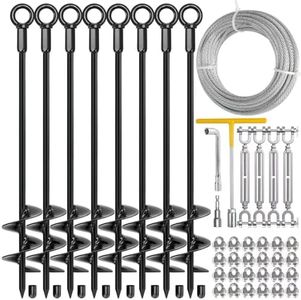 L-KHYFU 8 Pack 30" Heavy Duty Ground Anchors Shed Anchors Kit with 3/16" Galvanized Cable & 1/4" Jaw and Jaw Turnbuckle, Earth Anchors for Mobile Home Carport Gazebo Trampoline Swingset Tent