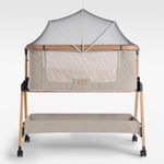 SnooBee Next To Me Bedside Crib & Baby Co-Sleeper – 6 Height Levels, Wheels, Quilted Mattress, Breathable Mesh Sides with Mosquito Net, Foldable Baby Cot with Carry Bag (0–6 Months) - Khaki/Pine