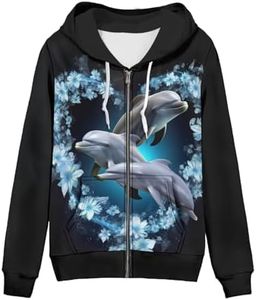 Showudesigns XS-5XL Zip Up Hoodie for Women Sweatshirt Pullover, Dolphin Floral, 5X-Large