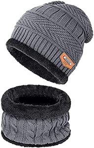 2 Pcs Winter Beanie Hats Scarf Set, MH MOIHSING Stretch Warm Knitted Beanie Hat&Scarf Set 2 in 1 Stylish Knit Skull Cap Neck Warmers Knit Hat Thick Fleece Lining Winter Cap Scarves for Men Women,Grey