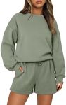 AUTOMET Womens Two Piece Outfits 2 Piece Lounge Matching Sets Fleece Sweatsuit Sweat Shorts Fashion Fall Clothes Sweatshirt, Green, Small