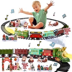 DAOUZL Train Electrique Enfant, Train de Noël, Locomotive à Vapeur Electrique avec fumée, lumière, Son et 4 Cartes avec Scènes de Noël, Jouet de Train électrique Cadeau pour Enfants 3 4 5 6 7 8 9