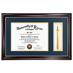 GraduationMall 11x17 Mahogany Diploma Frame with Tassel Holder for 8.5x11 Certificate Document,Real Glass, Navy Blue over Gold Mat