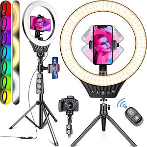 10" Ring Light with Tripod Stand and Phone Holder RGB Selfie Ring Light with 59" Stand & Desk Phone Tripod Stand,8 Dimming Levels,17 Color LED Ring Lights for Phone,Live Stream,Make Up,YouTube,TikTok