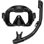 Snorkel Set Adults Snorkeling Gear Anti-Leak and Anti-Fog Tempered Glass Lens Panoramic View Swim Mask Dry Top Snorkel Kit for Snorkeling Scuba Diving Swimming Travel with Carry Bag Black