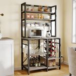 YITAHOME Coffee Bar w Power Outlet, Small Kitchen Microwave Stand Bakers Rack, Freestanding Appliance Storage Shelves 6 Tier w Hooks & Cup Glass Holder 31.5", Oak Gray