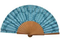 Tusitala Barcelona - Turquoise Damask Fan - Spanish Wood and Cotton Fan - Handmade Fashion Accessory - Natural Jute Cover Included - Original Gift - 23 cm.