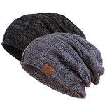 PAGE ONE Mens Winter Slouchy Beanie Warm Fleece Lined Skull Cap Baggy Cable Knit Hat, Gray+black, One Size