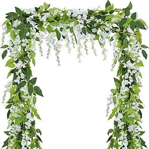 4Pcs 6Ft/Piece Artificial Wisteria Flowers Garland Artificial Vine Rattan Hanging Flower for Wedding Party Home Garden Wall Arch Floral Decoration (White)