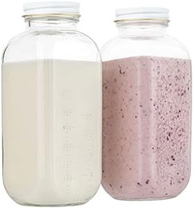 kitchentoolz 32oz Square Glass Milk Bottle with White Metal Airtight Lids - Vintage Reusable Milk Jugs - Dairy Drinking Containers for Milk, Yogurt, Smoothies, Kefir, Kombucha, and Water- by