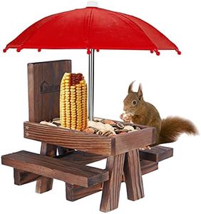 Squirrel Table Feeder with Umbrella, Lalafancy Wooden Picnic Table Feeder for Squirrels with Corn Cob Holder, Squirrel and Chipmunk Gifts for Squirrel Lovers, Built Strong from Pine Wood