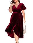 ZOMVA 2023 Plus Size Velvet Wrap Dress Ruffle Sleeves Long Maxi A-line Elegant Party Wedding Guest Cocktail, Short Sleeves, Burgundy, X-Large Plus