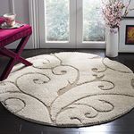 Safavieh Florida Shag Collection SG455-1113 Scrolling Vine Graceful Swirl Area Rug, 5' Round, Cream/Beige