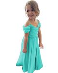 Skycity Flower Girl Dress 2023 Long Off Shoulder A-Line Chiffon Bridesmaid Dresses for Wedding T01, Aqua Blue, 4