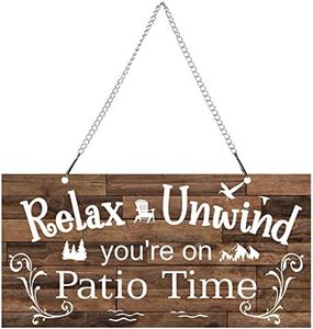 10 x 5 Inch Patio Wall Decor Hanging Wall Art Metal Plaque Signs Vintage Balcony Decor Retro Patio Accessories Relax Unwind You're on Patio Time with Chain for Home Pub (White Words with Brown Base)