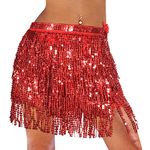 Monbessi Women's Sequin Tassel Skirts Sparkly Belly Dance Wrap Skirt Rave Costume for Party Halloween Music Festival (Red)