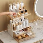 2-Tier 2-Drawer Makeup Organizer for High Volume Women - Multi-Purpose Countertop Vanity Organizer for Dressing Table - Large Skincare Organizers with Exquisite Design Amber